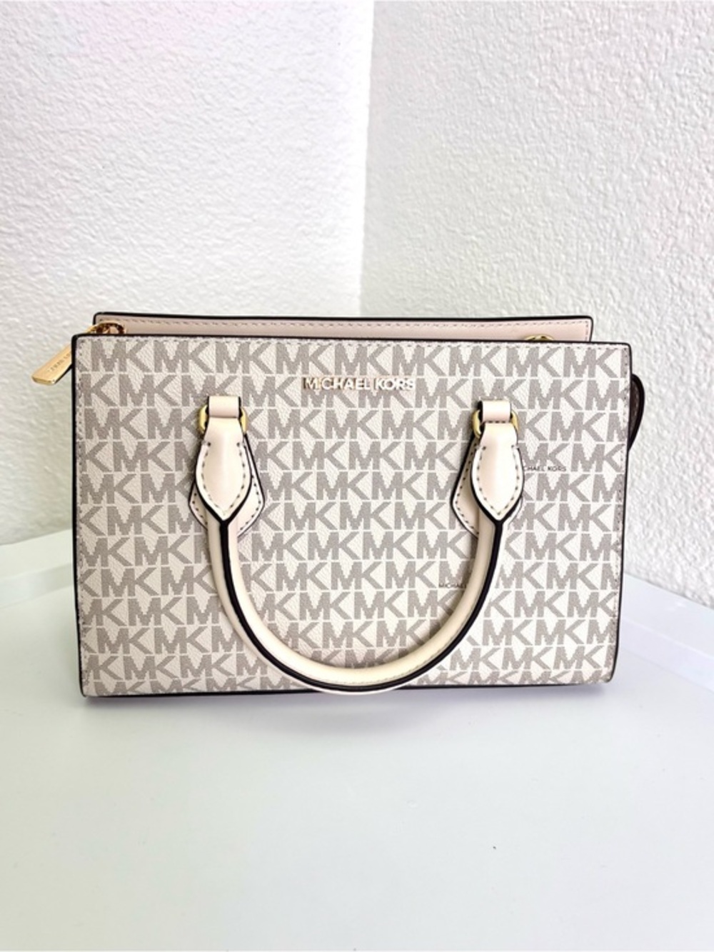 Michael Kors Sheila Small Satchel Light Cream Multi Logo Adjustable Strap
